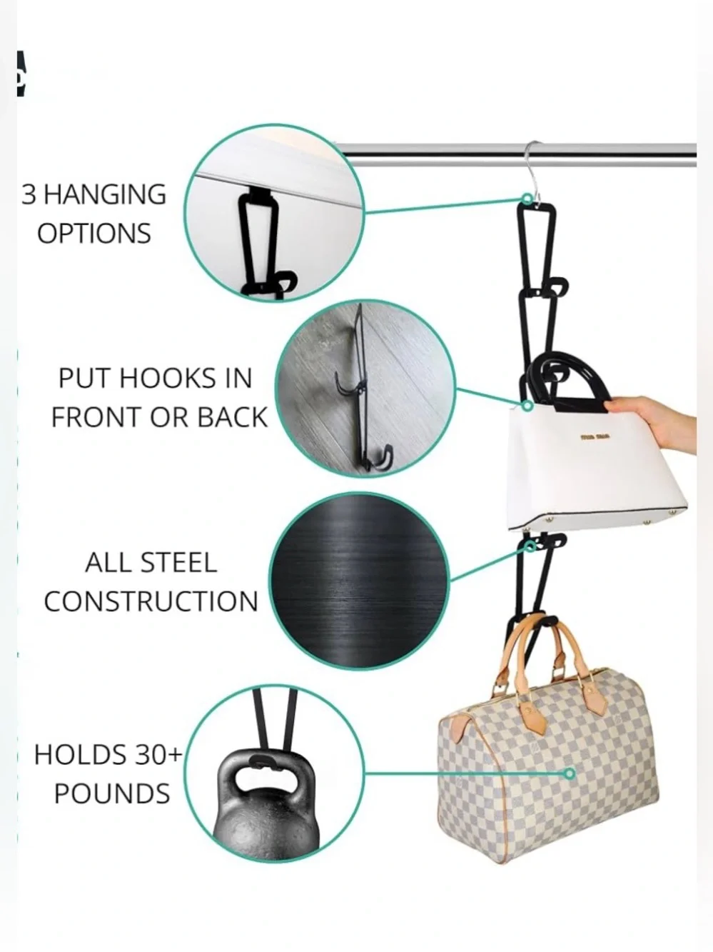 Metal Link Connecting Hooks On Wall/Door/Closet Purse/Hat Storage Organizer